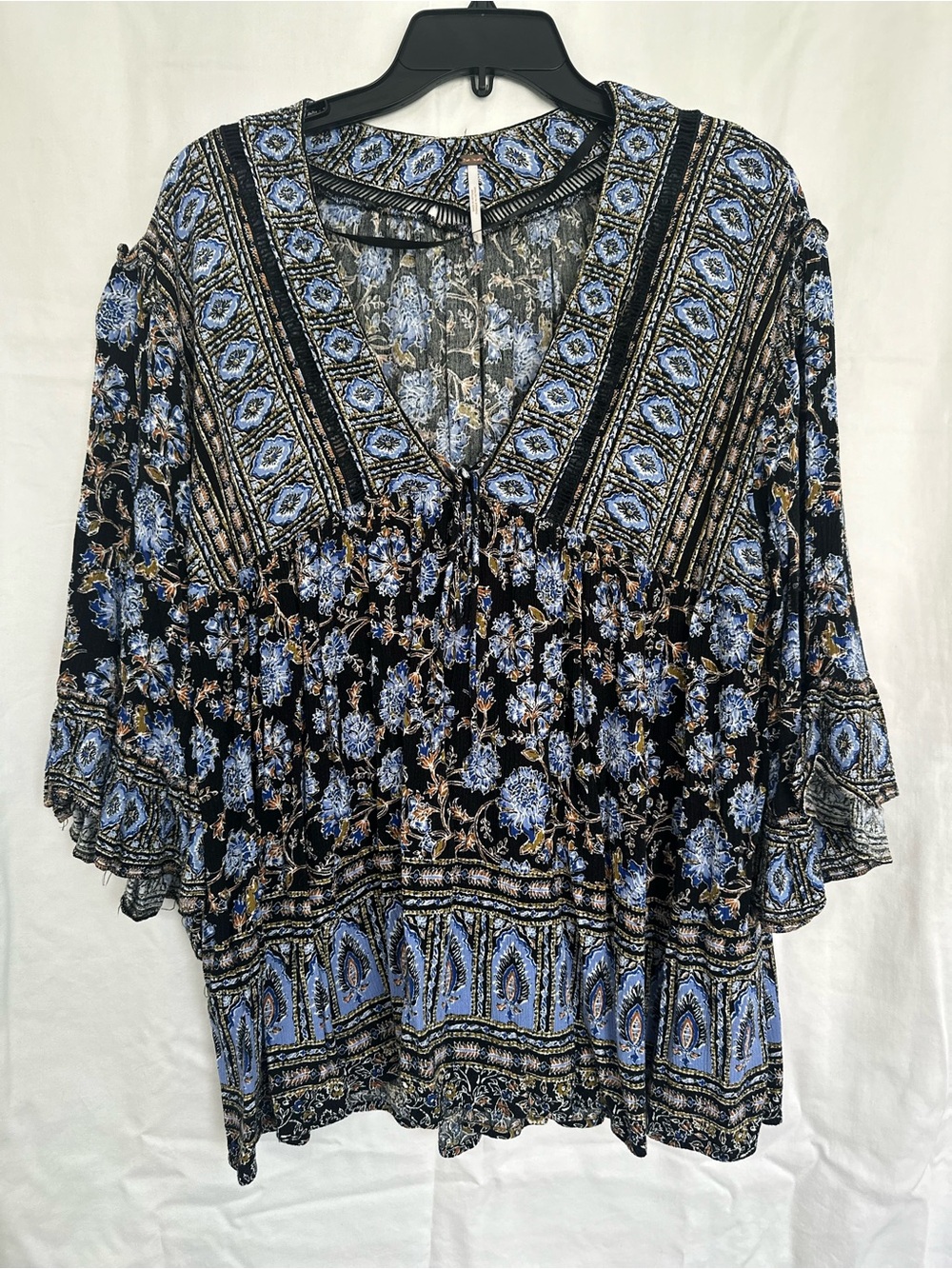 Free People Boho Floral V-Neck Women's Top in Blue and Black